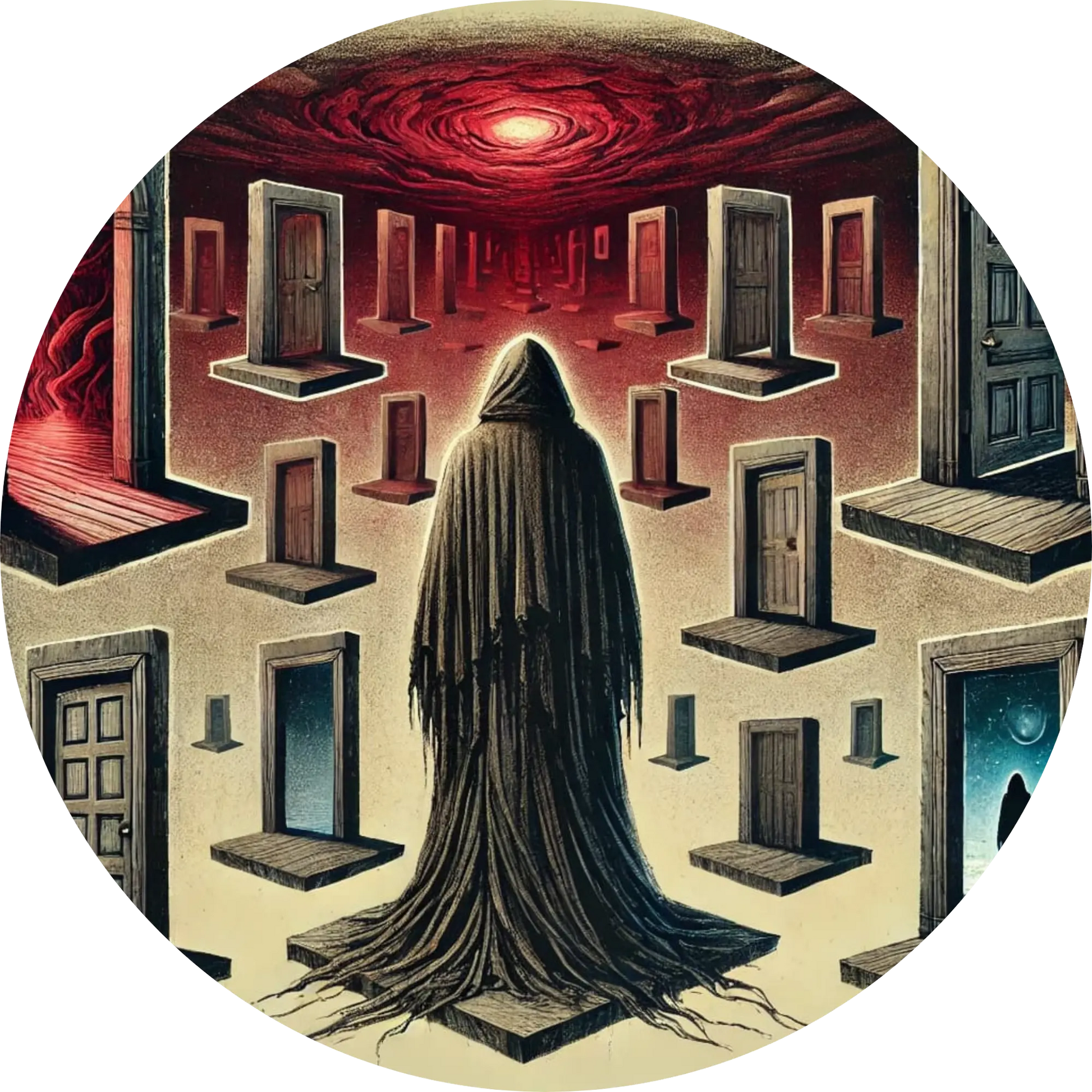 Frau im schwarzen Kleid vor bedrohlichem, labyrinthischem Gebäude mit rotem Himmel