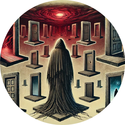 Frau im schwarzen Kleid vor bedrohlichem, labyrinthischem Gebäude mit rotem Himmel