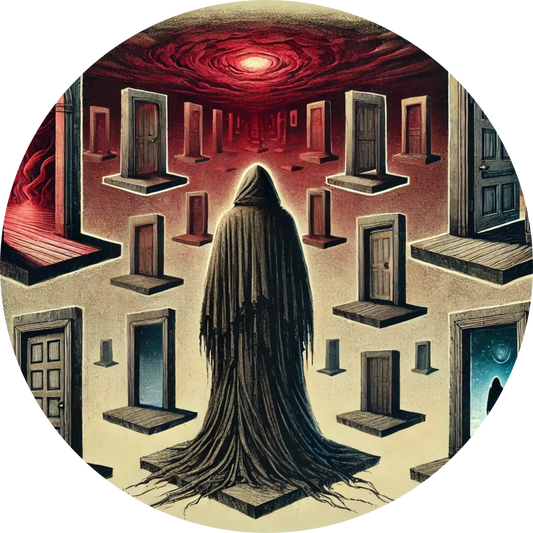 Frau im schwarzen Kleid vor bedrohlichem, labyrinthischem Gebäude mit rotem Himmel