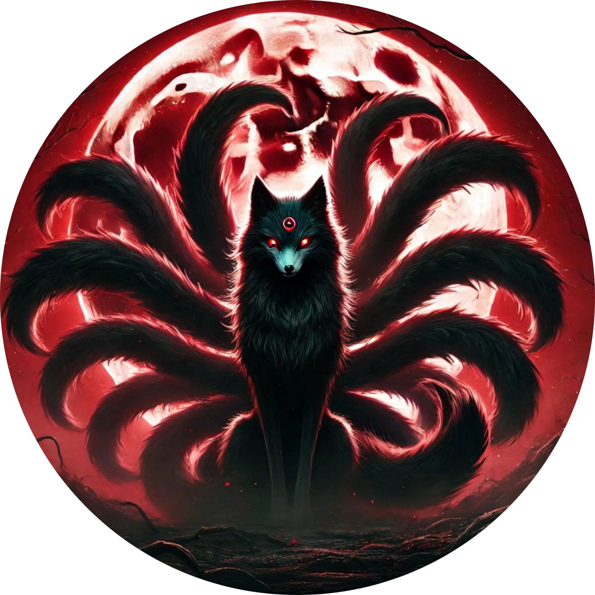 Mystische Gestalt mit neun roten Schweifen – Dämonenkatze vor Feuerkreis