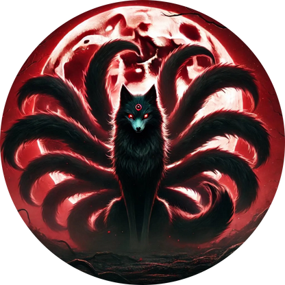 Mystische Gestalt mit neun roten Schweifen – Dämonenkatze vor Feuerkreis