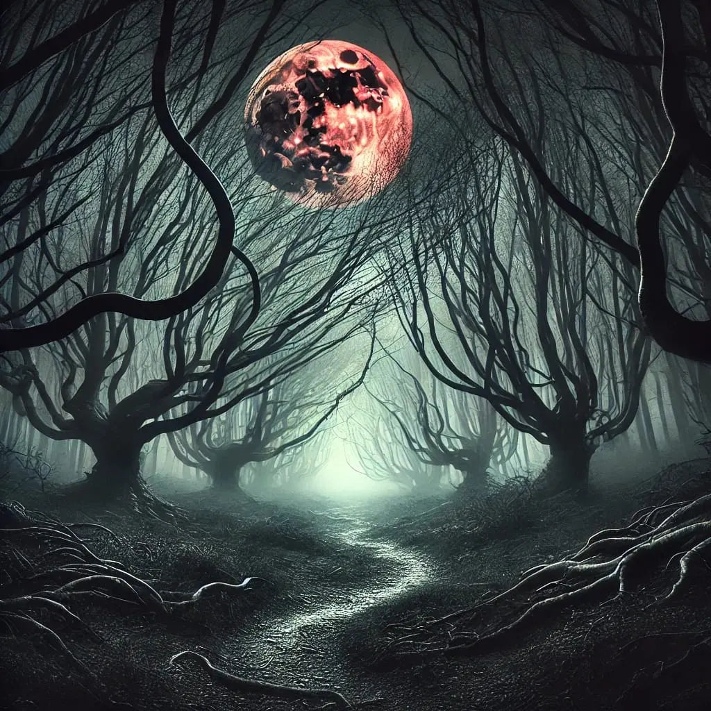 Friedhofsszene bei Nacht, bedrohlich leuchtender Blutmond über kahlen Bäumen – klassische Horrorstimmung