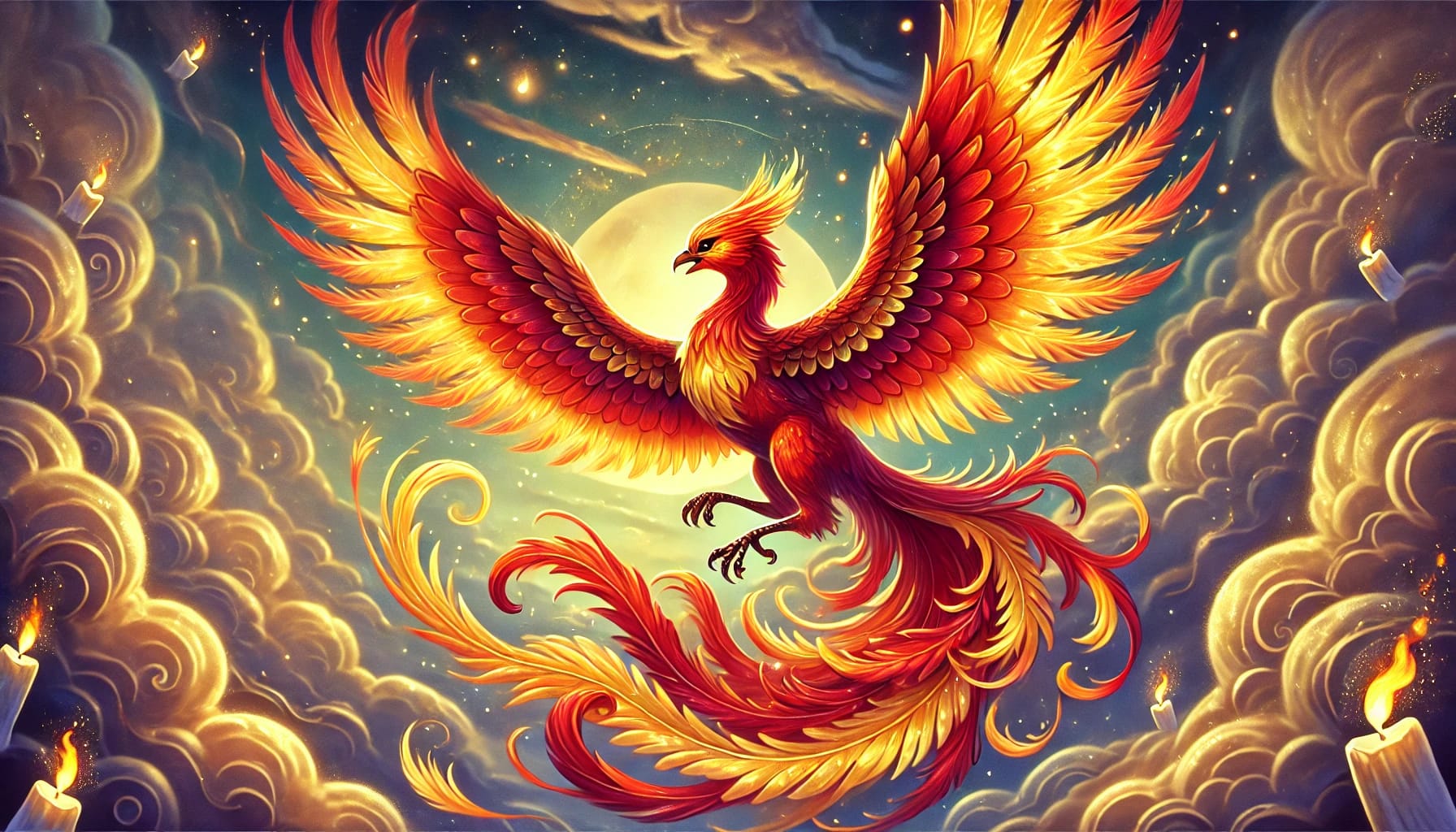 Phönix mit brennenden Flammenflügeln erhebt sich vor einem goldenen Himmel.