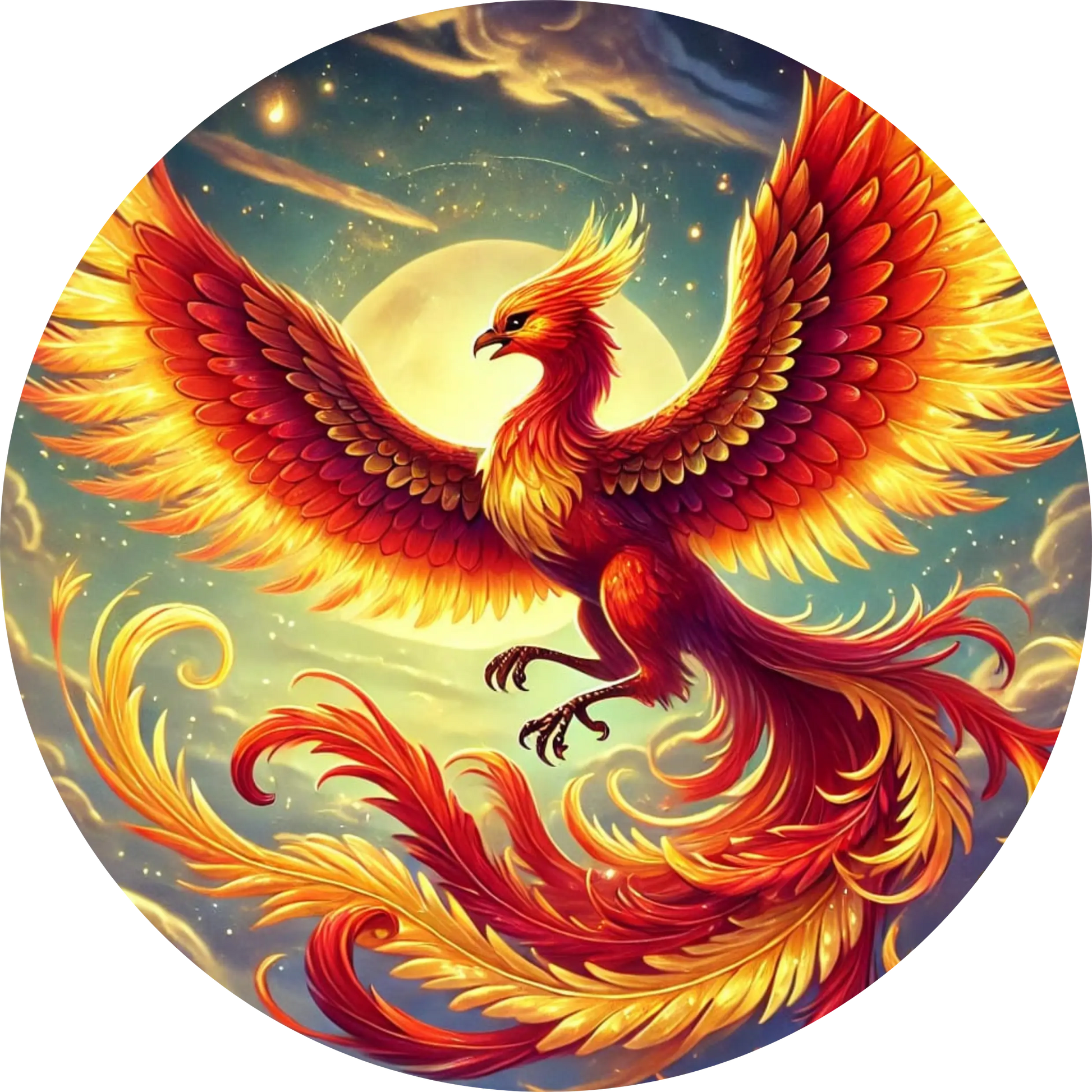 Roter Phönix mit weit ausgebreiteten Flügeln in Glutwirbel