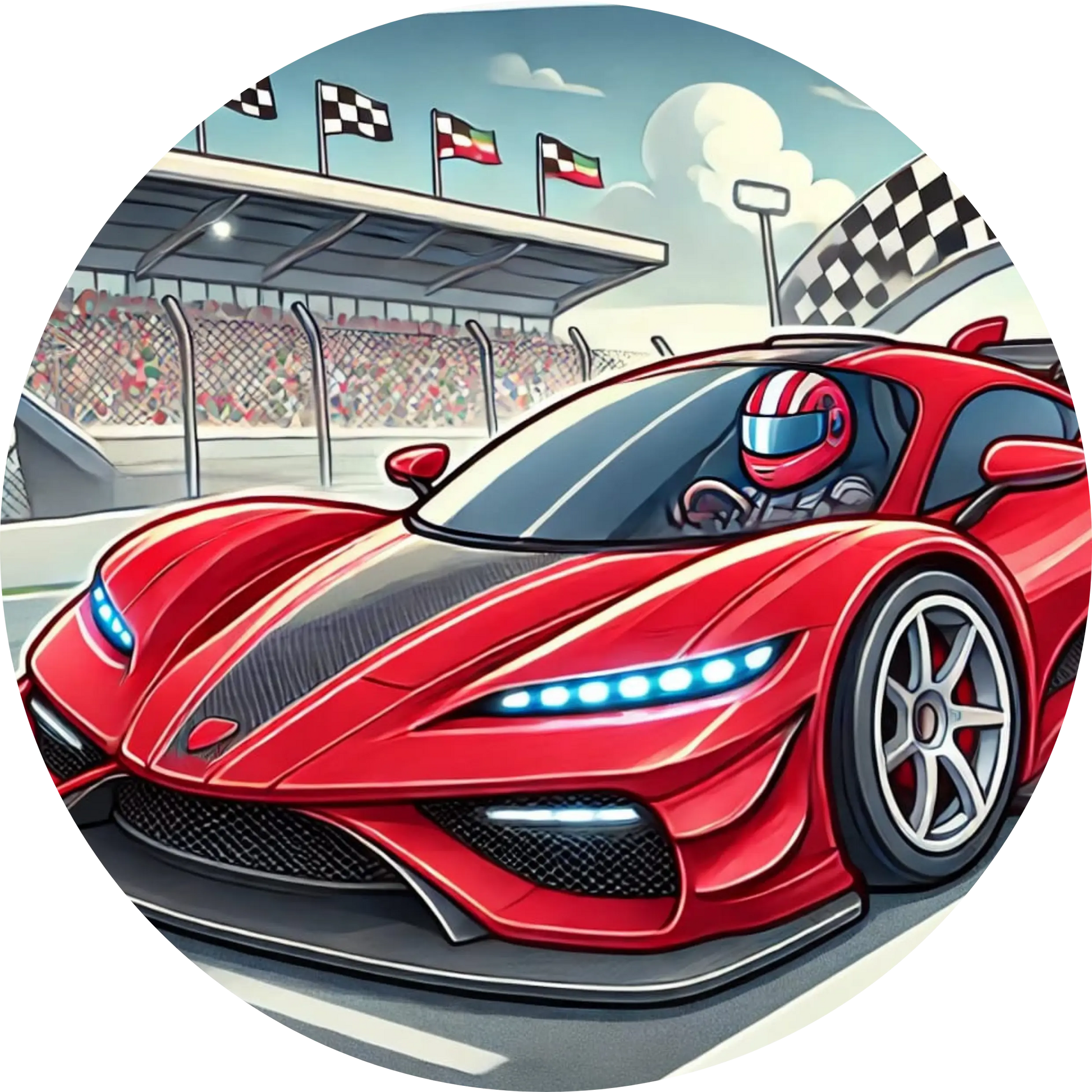 Roter Sportwagen auf einer Rennstrecke mit Tribüne im Hintergrund.