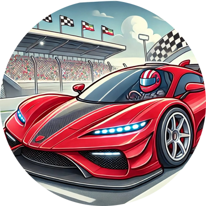 Roter Sportwagen auf einer Rennstrecke mit Tribüne im Hintergrund.