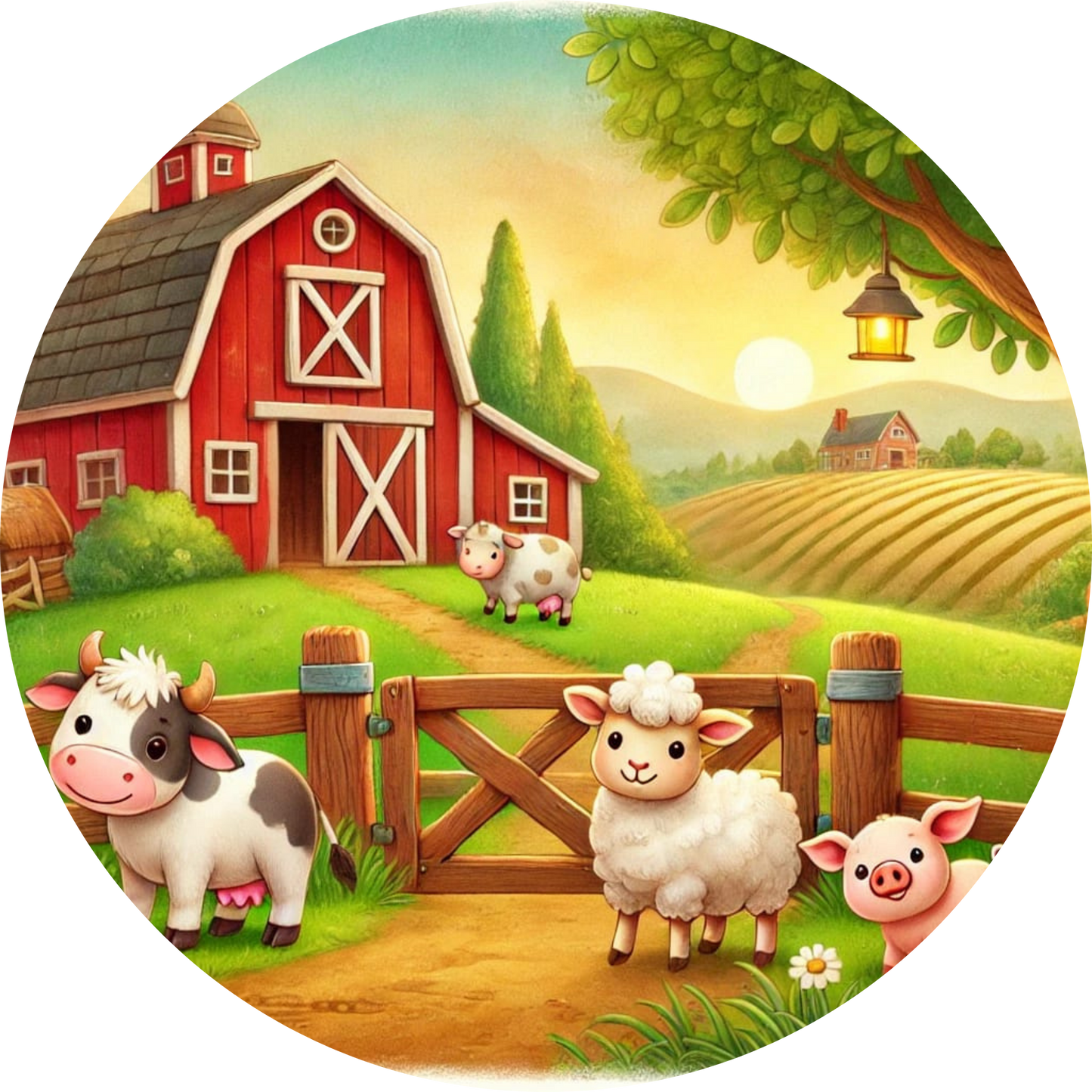 Kühe, Schweine und Hühner auf einer Weide vor einem roten Stall