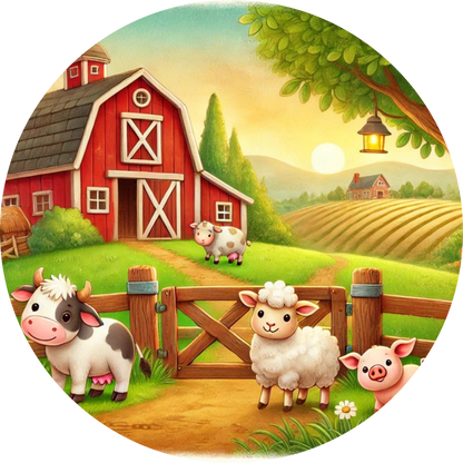 Kühe, Schweine und Hühner auf einer Weide vor einem roten Stall