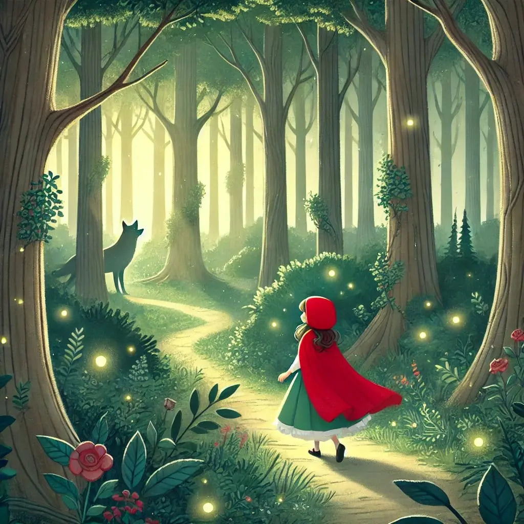 Rotkäppchen läuft durch einen schattigen Wald, ein Wolf lauert im Hintergrund zwischen den Bäumen.