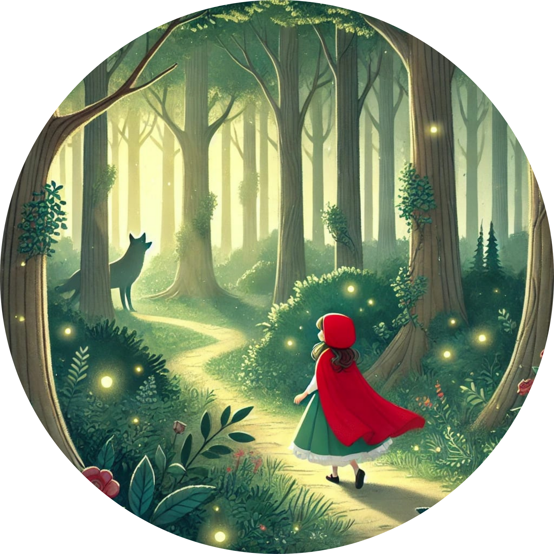 Rotkäppchen läuft durch einen geheimnisvollen Wald
