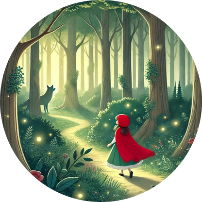 Rotkäppchen läuft durch einen geheimnisvollen Wald

