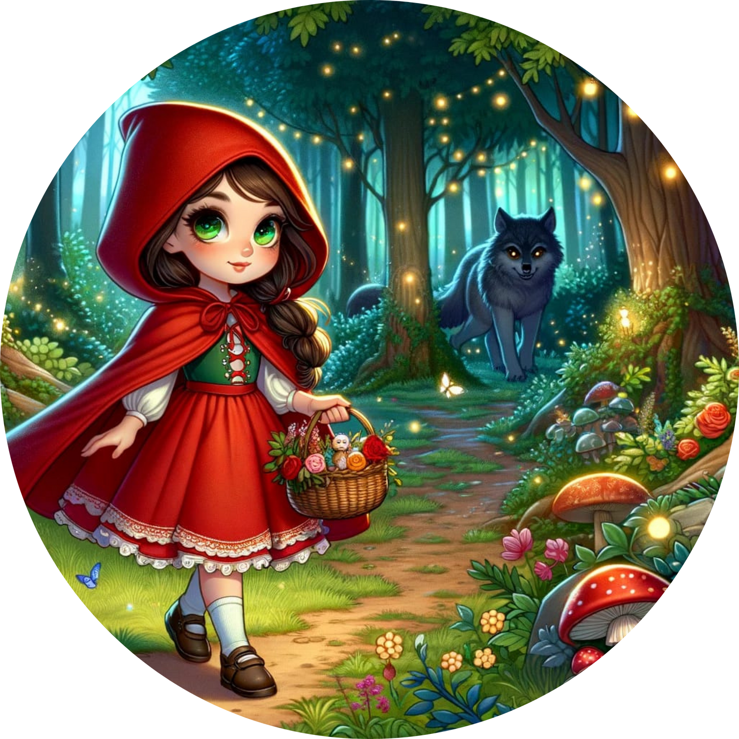 Rotkäppchen im Wald, der Wolf versteckt sich hinter Bäumen