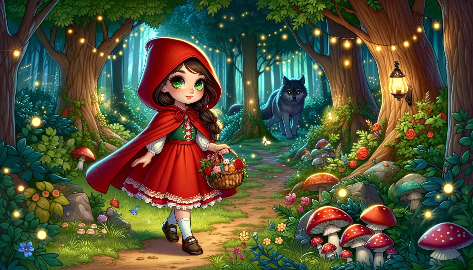 Rotkäppchen schreitet mutig durch einen leuchtenden Märchenwald mit bunten Pilzen und Lichtpunkten.
