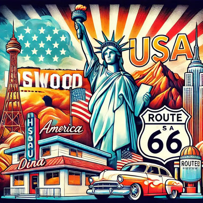 Illustration mit der Freiheitsstatue, Route-66-Schild, Hollywood-Schriftzug, Oldtimer und typischen US-Diners – eine Hommage an die amerikanische Popkultur.