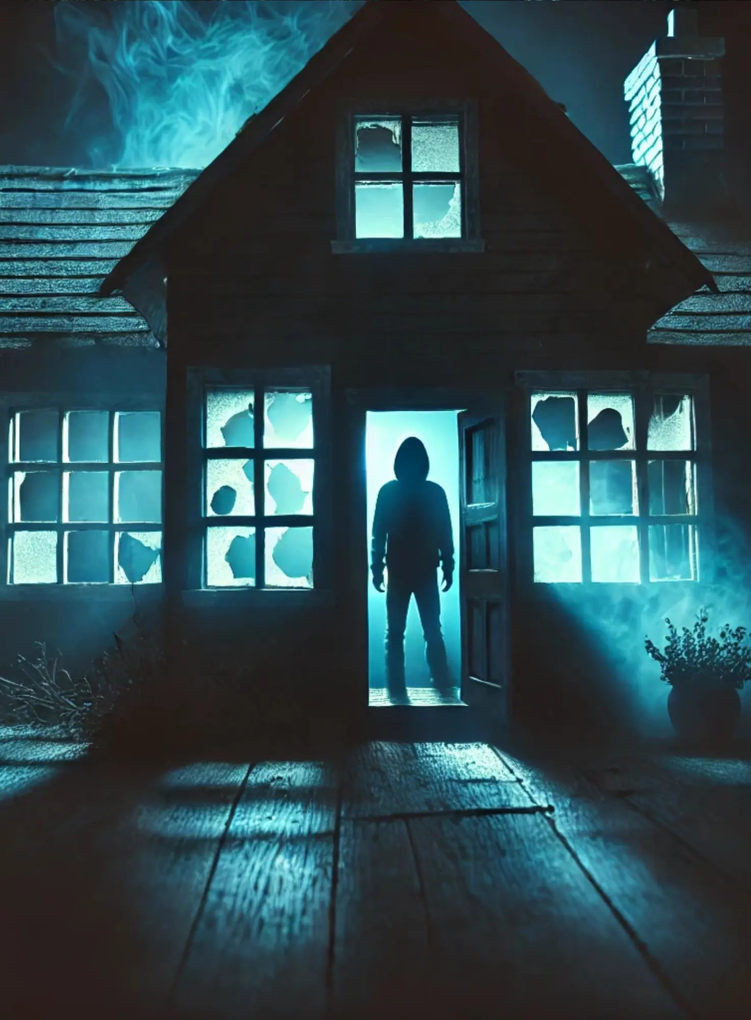 Dunkles Haus mit einer unheimlichen Silhouette im beleuchteten Fenster – geheimnisvoll und bedrohlich.“