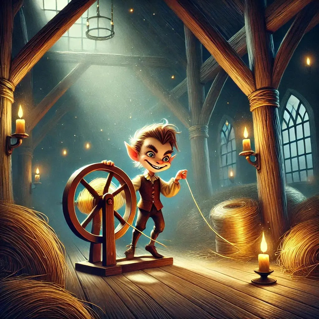 Die Müllerstochter sitzt in einem dunklen Raum am Spinnrad, ein Lichtschein fällt auf das goldene Garn. Märchenhafte Atmosphäre.