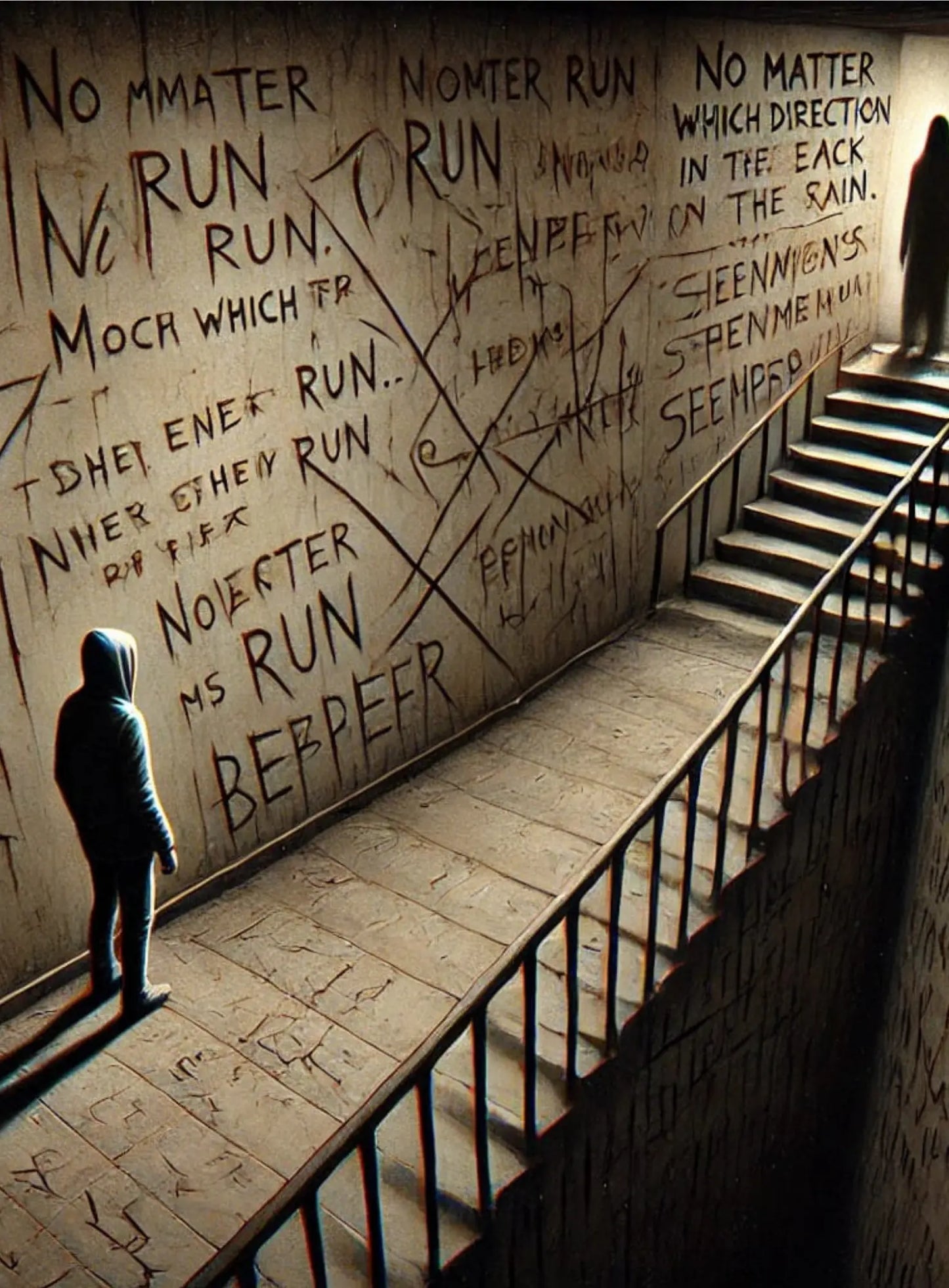 Blutige Botschaften wie ‚RUN‘ an einer Wand in einem düsteren Korridor. Eine einsame Gestalt steht am Ende des Gangs – fluchtartige Stimmung.