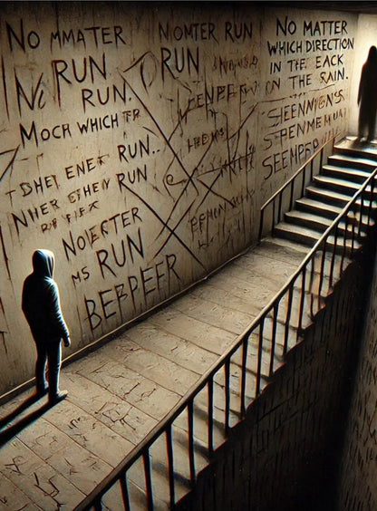 Blutige Botschaften wie ‚RUN‘ an einer Wand in einem düsteren Korridor. Eine einsame Gestalt steht am Ende des Gangs – fluchtartige Stimmung.