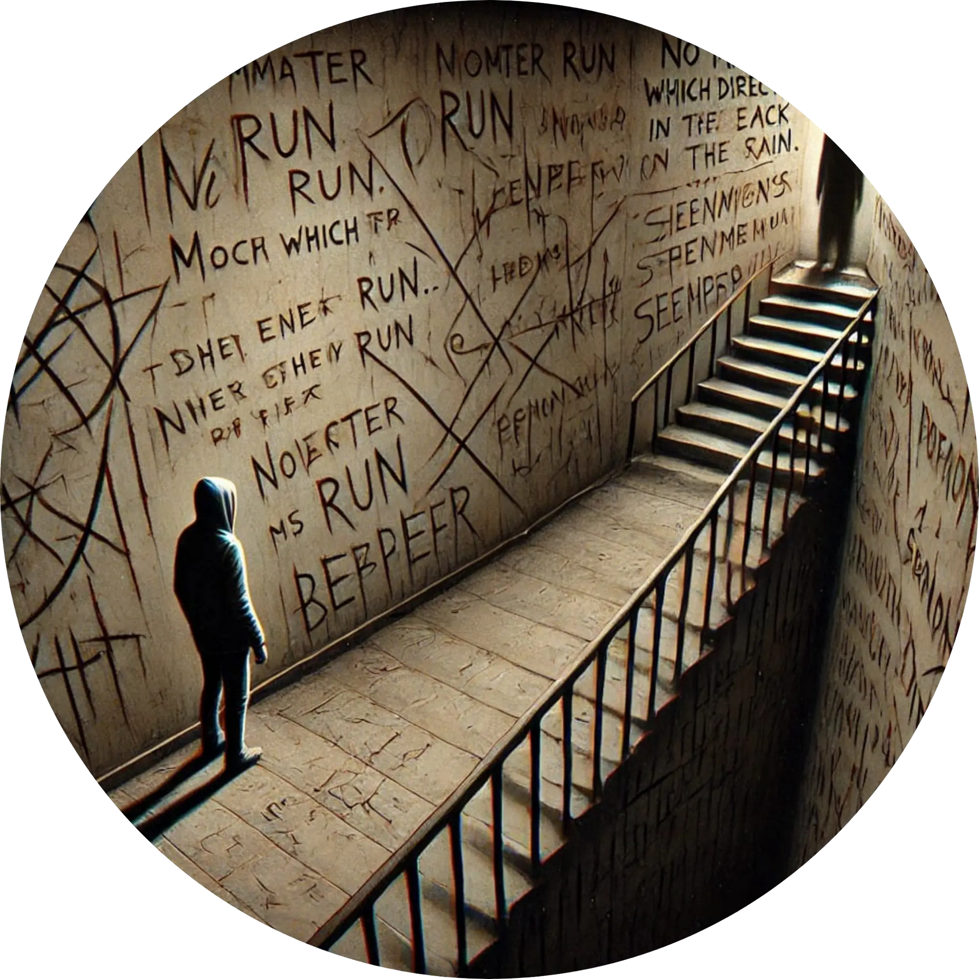 Mann steht vor Wand mit unheilvoller Inschrift: „RUN“ in vielen Wiederholungen