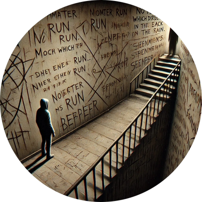 Mann steht vor Wand mit unheilvoller Inschrift: „RUN“ in vielen Wiederholungen