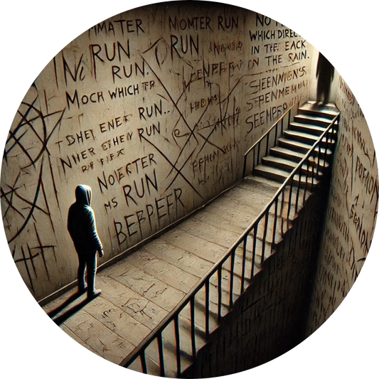 Mann steht vor Wand mit unheilvoller Inschrift: „RUN“ in vielen Wiederholungen