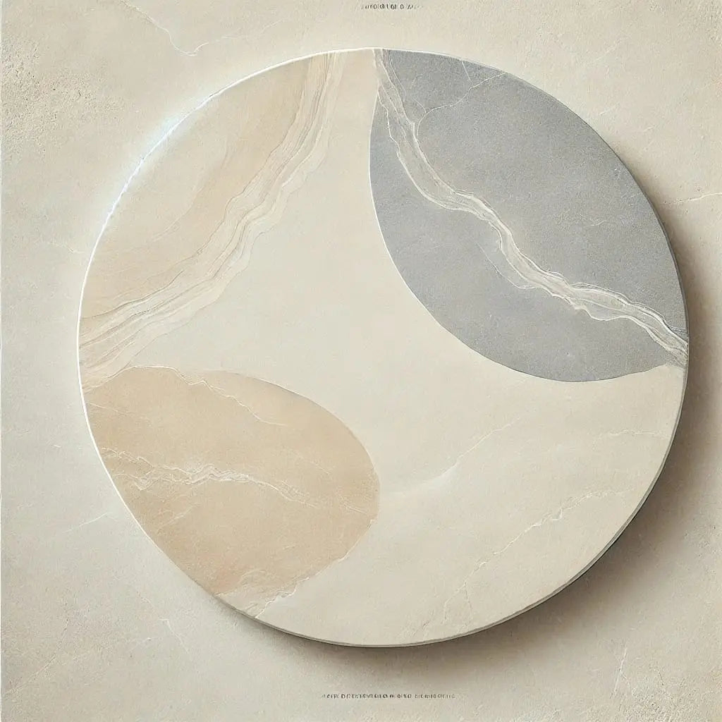 Abstraktes Mandala-Design in warmen Erdtönen mit geschwungenen Formen, Blättern und goldenen Akzenten.