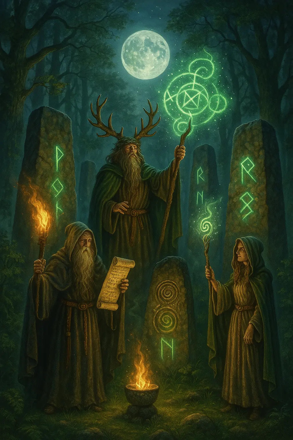 Runen-Magier unter dem Vollmond: Drei Druiden mit Umhängen, Runenstäben und leuchtenden Zeichen in einem Steinkreis bei Nacht.