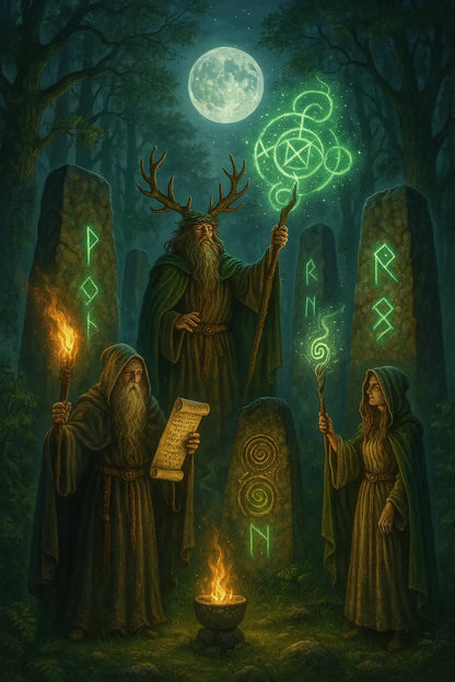 Runen-Magier unter dem Vollmond: Drei Druiden mit Umhängen, Runenstäben und leuchtenden Zeichen in einem Steinkreis bei Nacht.