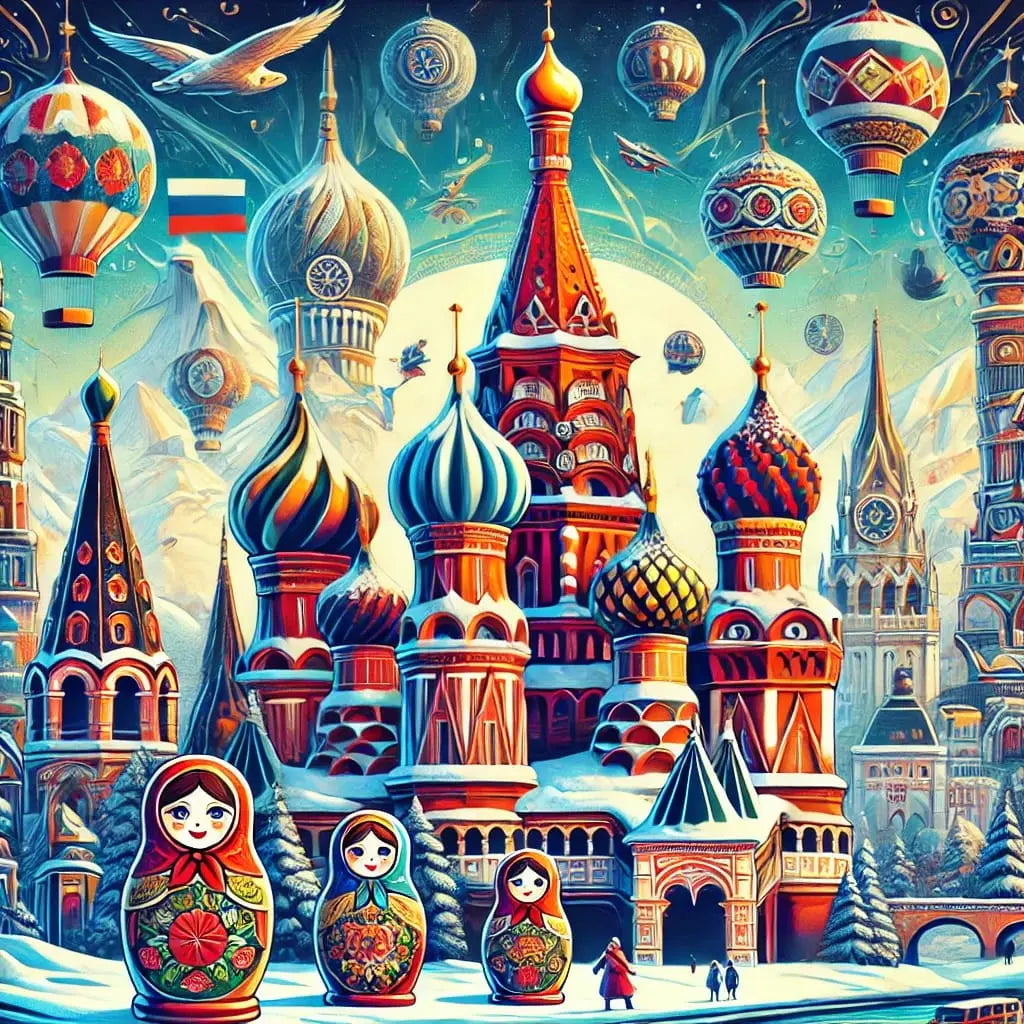 Russland im Winter – farbenprächtige Zwiebeltürme unter Schneefall, märchenhafte Atmosphäre