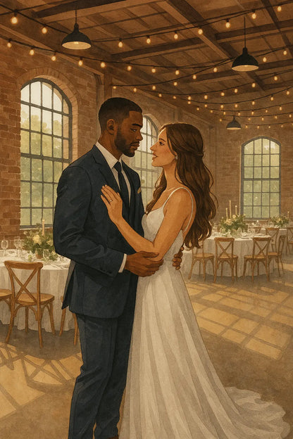 Romantische Szene eines Brautpaares in einer rustikalen Hochzeitslocation mit Lichterketten – beide schauen sich innig in die Augen.