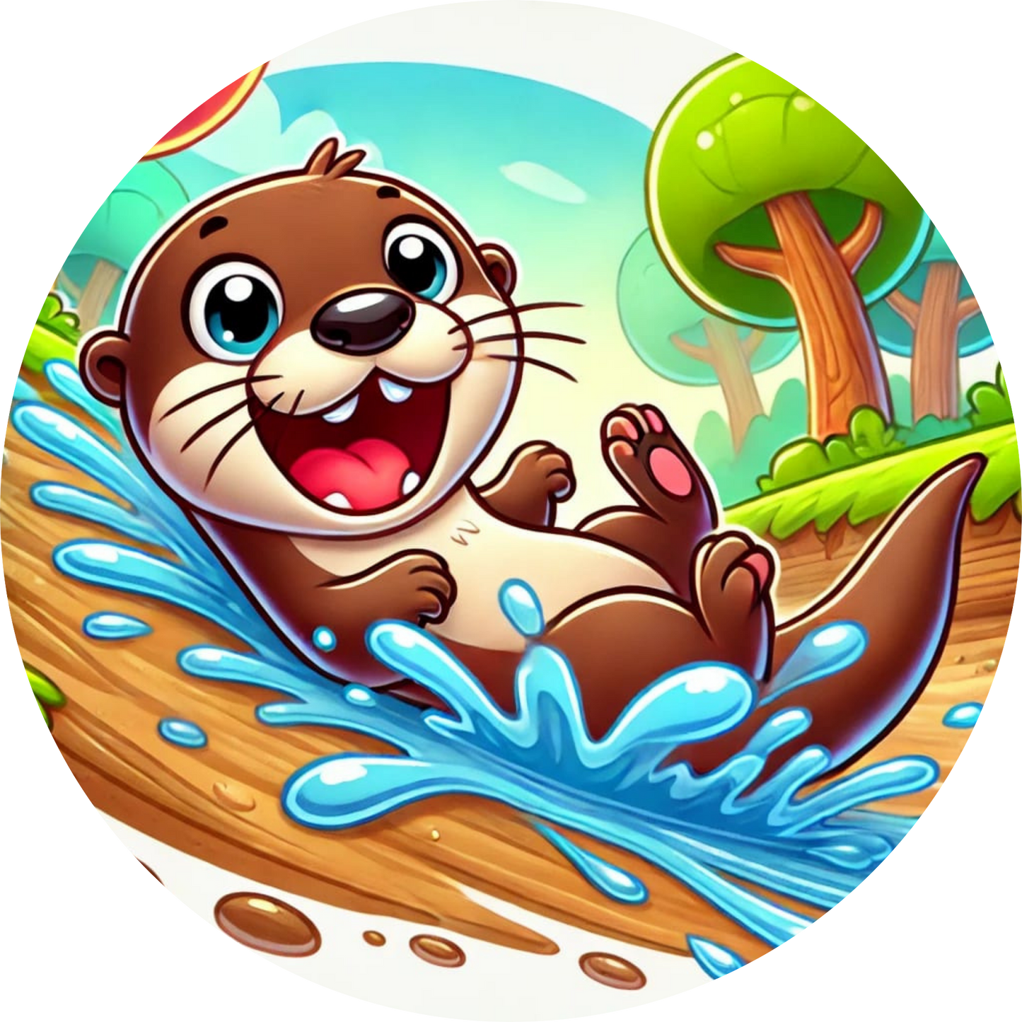 Fröhlicher Otter paddelt mit einem Fisch in einem Boot auf dem Fluss