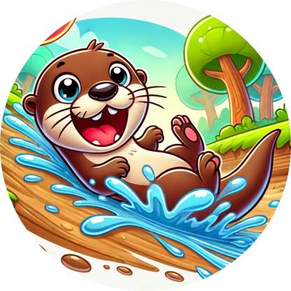 Fröhlicher Otter paddelt mit einem Fisch in einem Boot auf dem Fluss