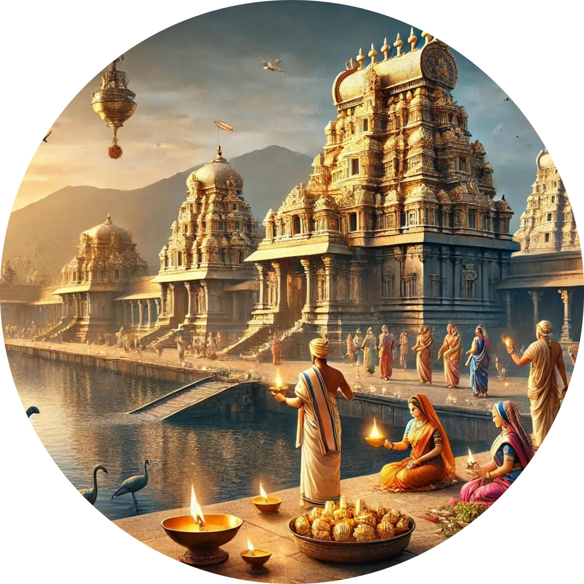 Südindischer Tempel mit Gläubigen am Wasser – spirituelle Szene aus Indien