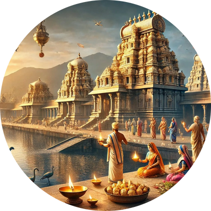 Südindischer Tempel mit Gläubigen am Wasser – spirituelle Szene aus Indien