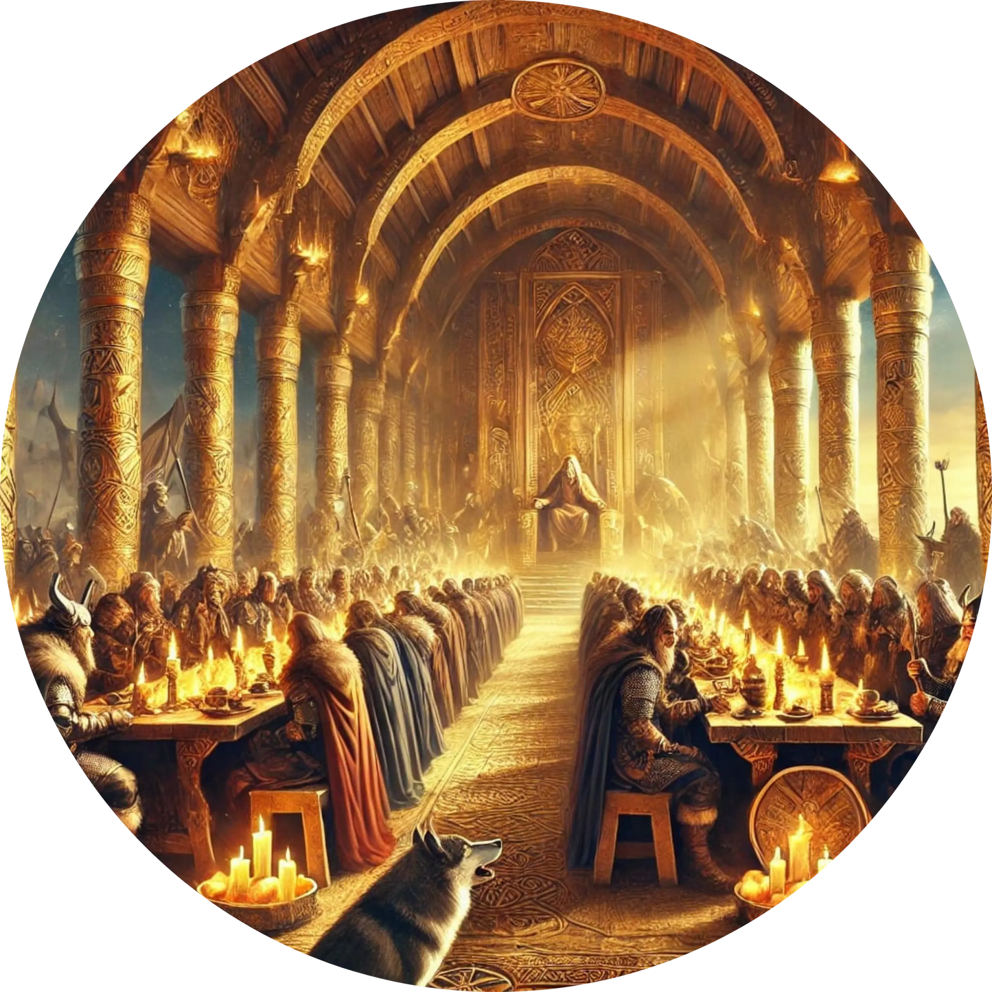 Der große Saal von Valhalla – gefallene Krieger sitzen an langen Tafeln im prachtvoll beleuchteten Jenseits der nordischen Mythologie.“