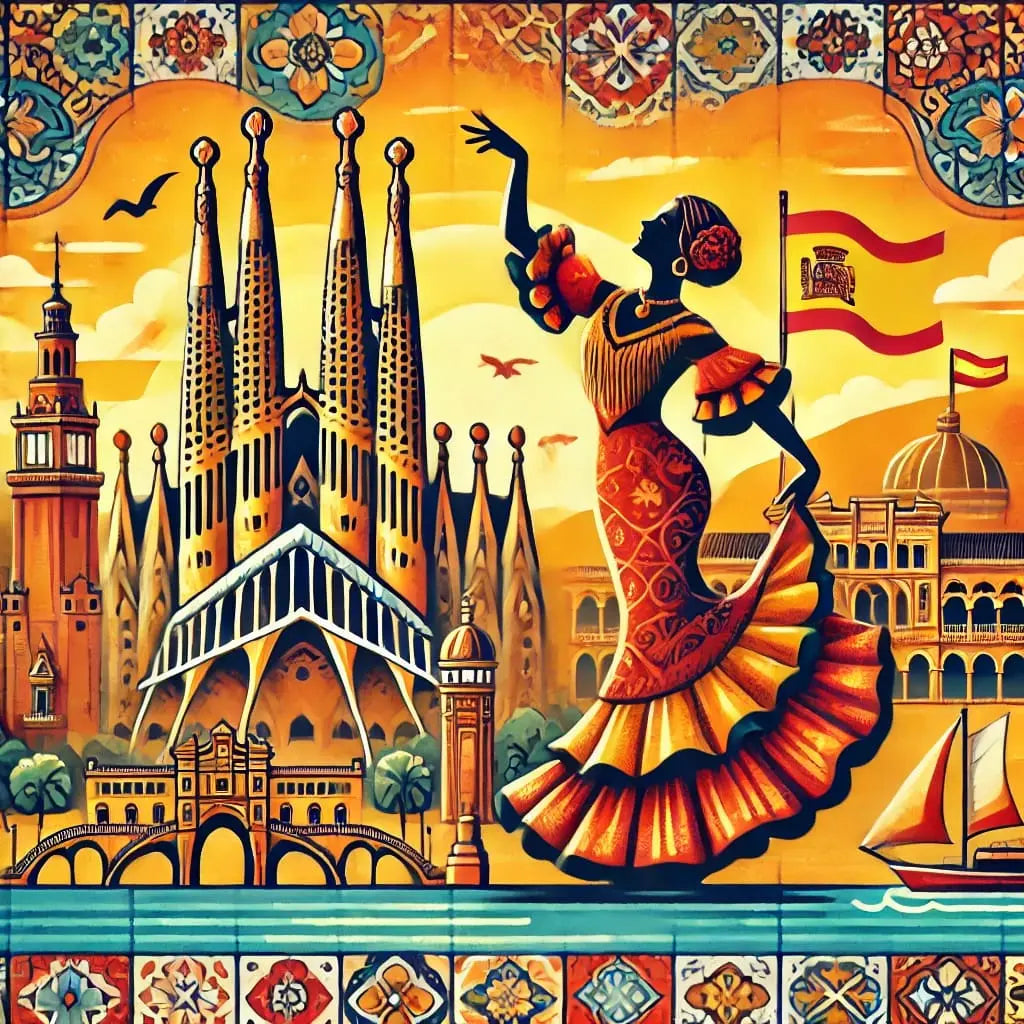 Spanien mit Sagrada Familia und Flamenco-Tänzerin – Illustration mit architektonischen Highlights und kulturellem Flair.