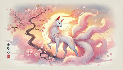 Kitsune mit rosa Flammen auf weißem Grund – Japanischer Fuchsgeist tanzt in rosa-goldenen Energiewellen vor hellem Hintergrund.