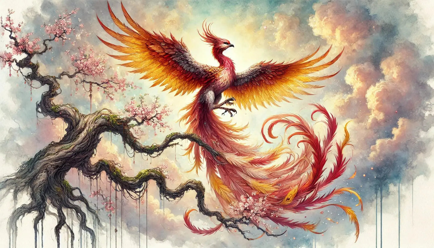 Aquarell-Phoenix auf Ast mit leuchtendem Schweif – zart und kunstvoll