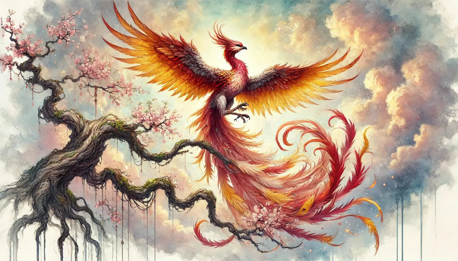 Aquarell-Phoenix auf Ast mit leuchtendem Schweif – zart und kunstvoll