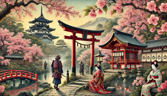 Kriegerisches Porträt eines Samurai in voller Rüstung vor einer traditionellen Burg, flankiert von blühenden Kirschbäumen.