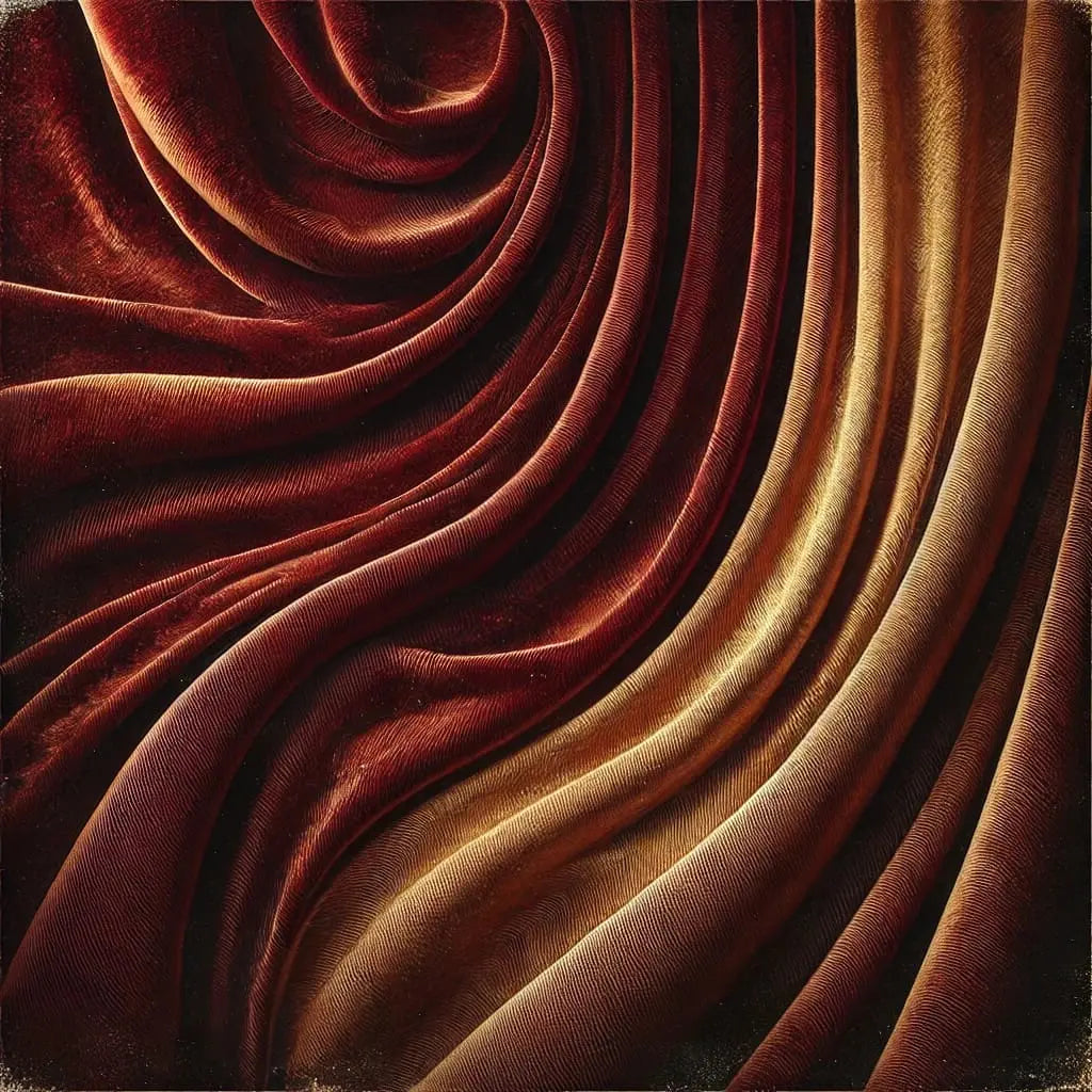 Roter Samtstoff mit goldenen Lichtreflexen – Nahaufnahme von drapiertem Samt in Rot- und Goldtönen mit strukturierter Oberfläche.