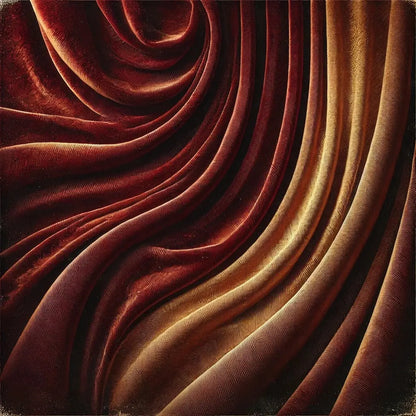 Roter Samtstoff mit goldenen Lichtreflexen – Nahaufnahme von drapiertem Samt in Rot- und Goldtönen mit strukturierter Oberfläche.