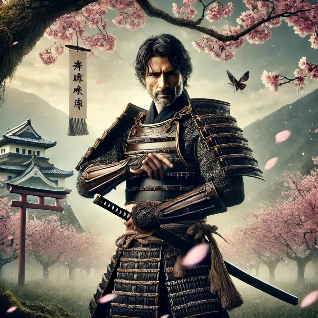 Kriegerisches Porträt eines Samurai in voller Rüstung vor einer traditionellen Burg, flankiert von blühenden Kirschbäumen.