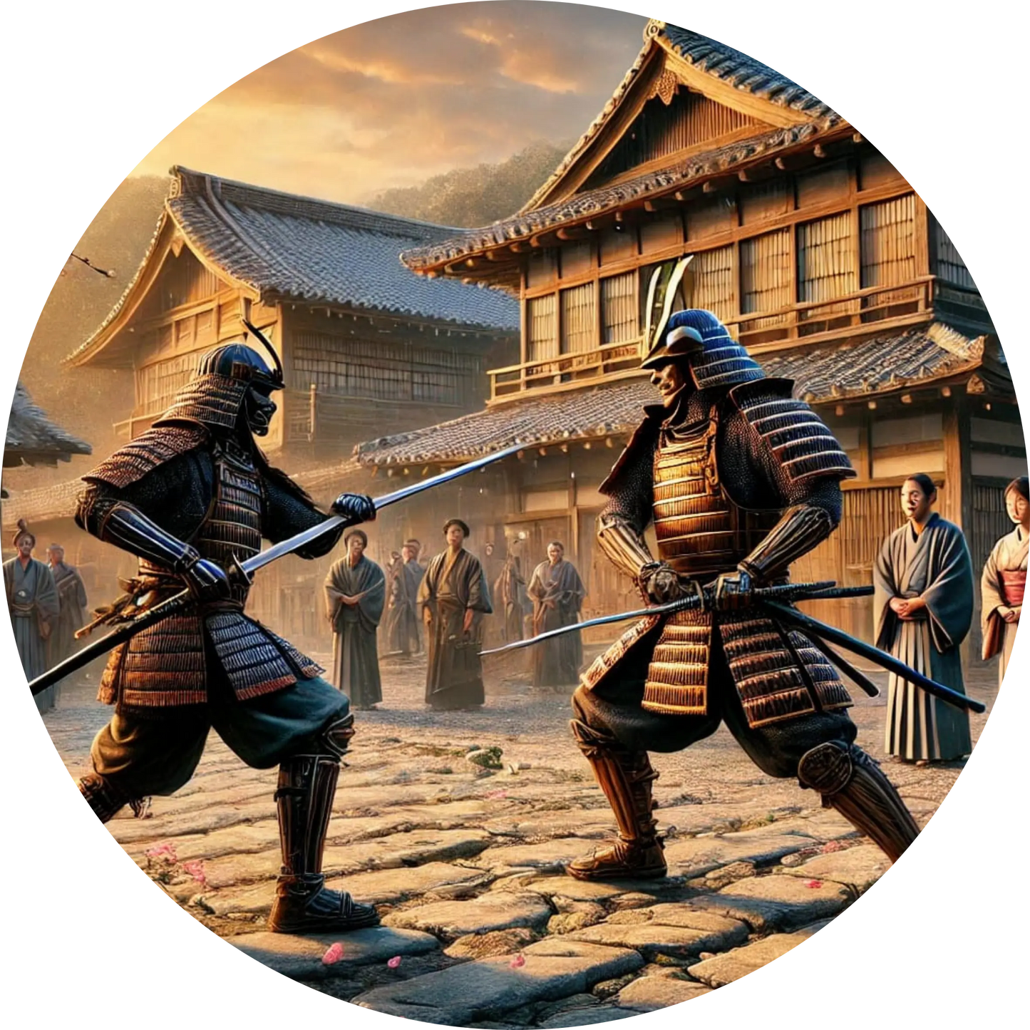  Zwei kämpfende Samurai vor einem historischen Gebäude – Szene traditioneller Kampfkunst