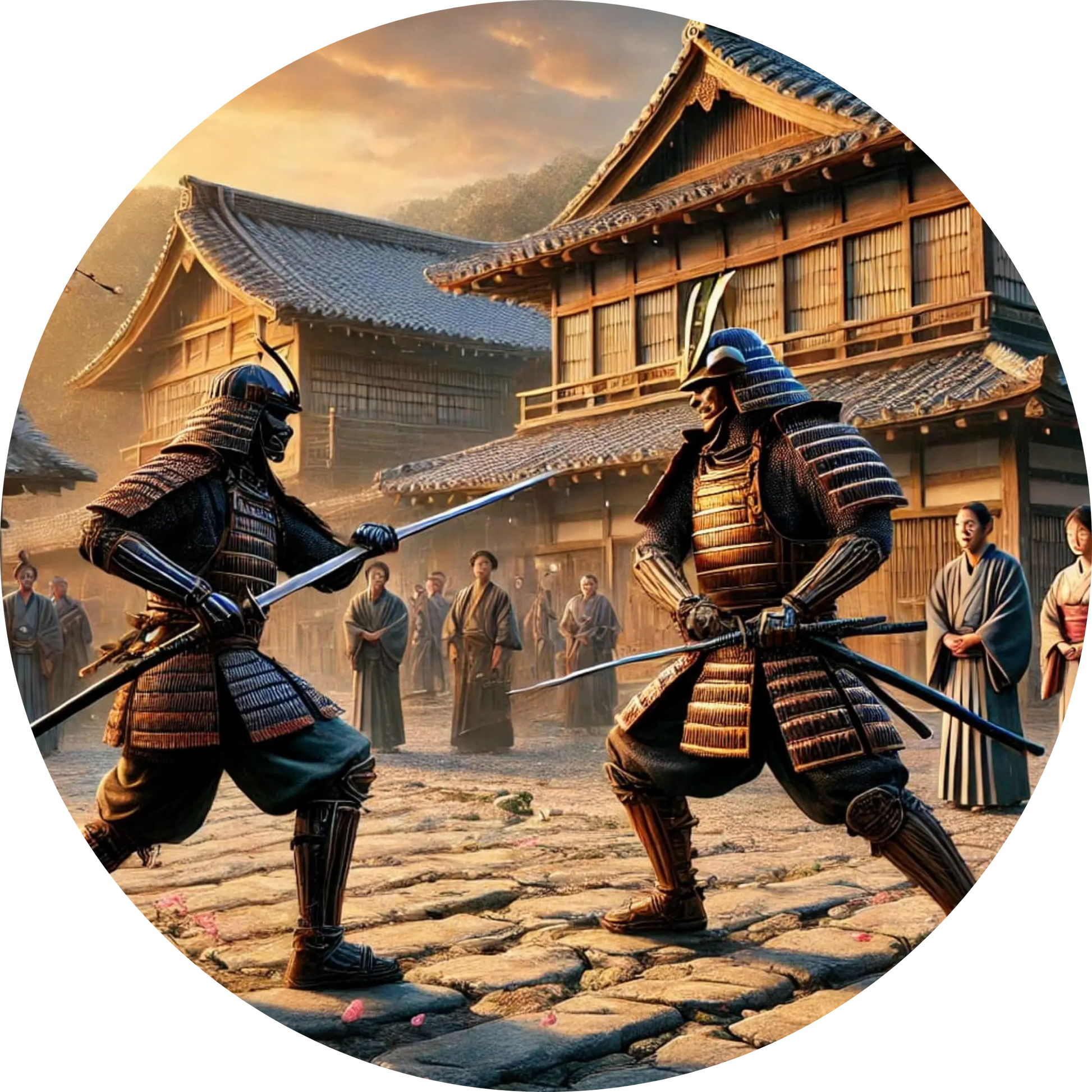  Zwei kämpfende Samurai vor einem historischen Gebäude – Szene traditioneller Kampfkunst