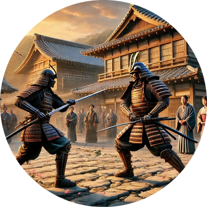  Zwei kämpfende Samurai vor einem historischen Gebäude – Szene traditioneller Kampfkunst