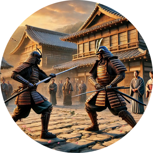  Zwei kämpfende Samurai vor einem historischen Gebäude – Szene traditioneller Kampfkunst