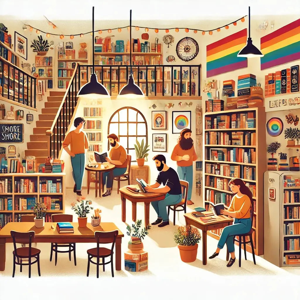 Moderne queere Buchhandlung mit Regenbogenflagge, gemütlicher Raum mit vielen Menschen beim Lesen, Schreiben und Arbeiten – ein Ort für queere Sichtbarkeit, Bildung und Community.