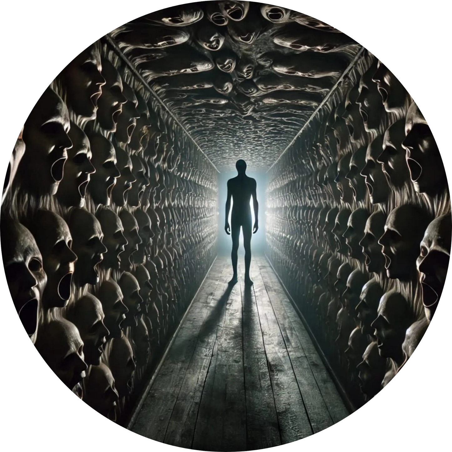 Mensch steht in gigantischem Raum mit identischen maskierten Figuren an den Wänden