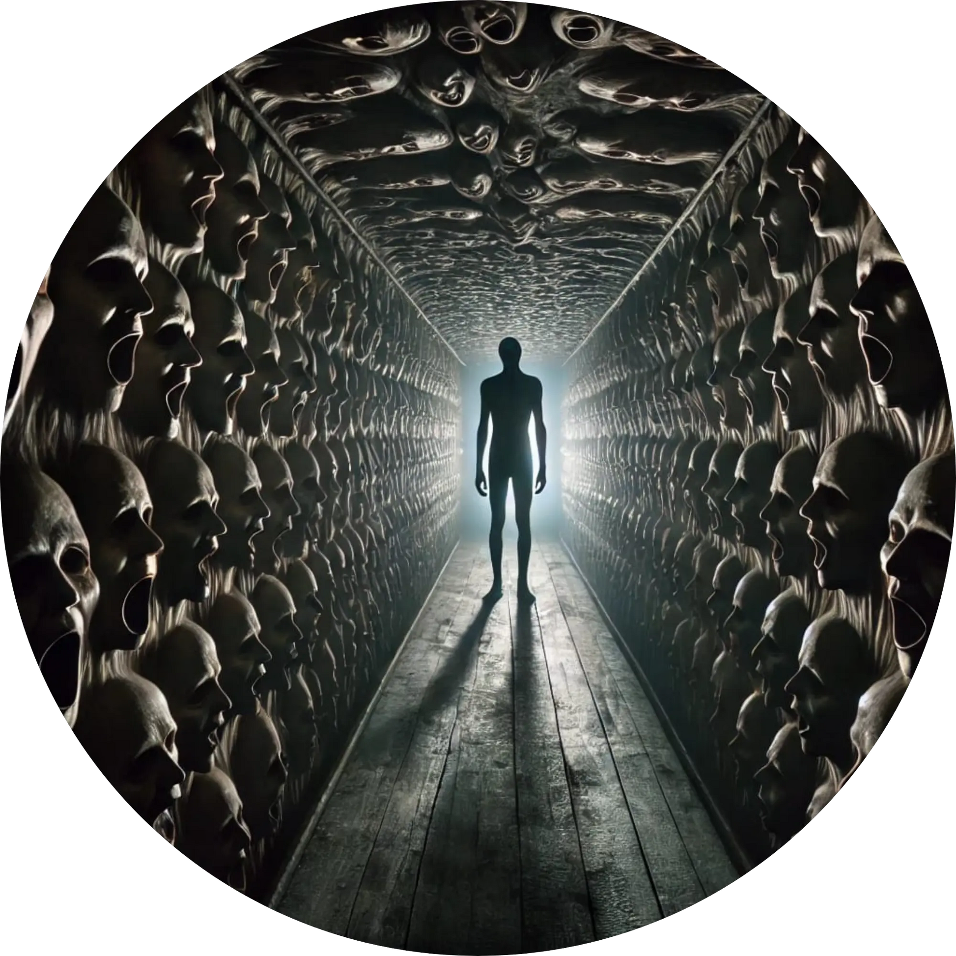 Mensch steht in gigantischem Raum mit identischen maskierten Figuren an den Wänden